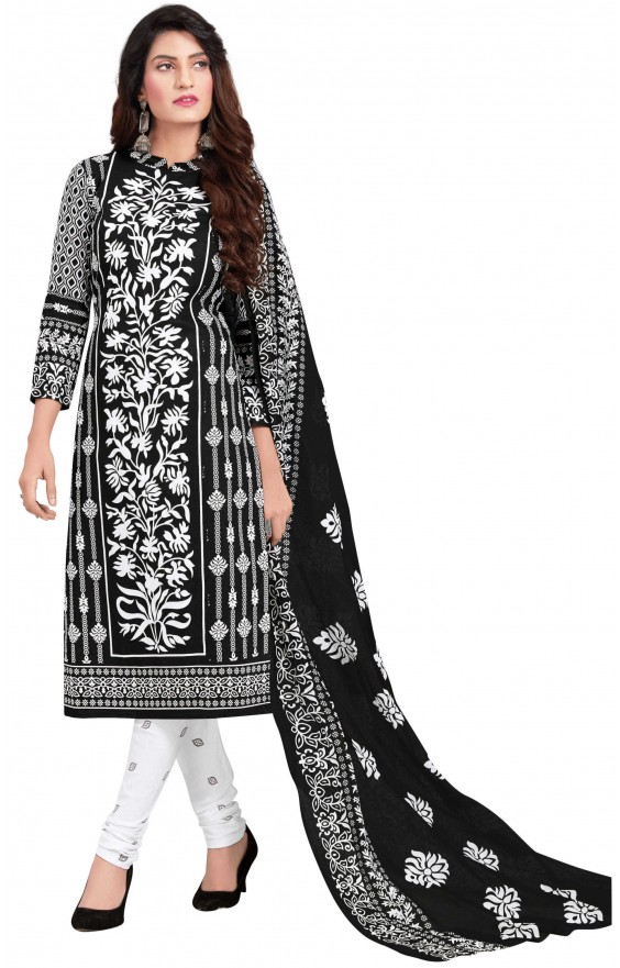 White Floral And Foliage Printed Cotton Unstitched Dress Material With  Schiffli Embroidery at Soch